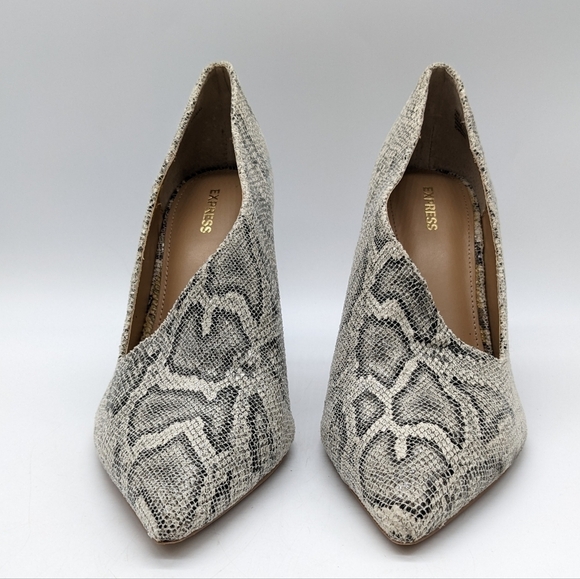 Express black & off white snake print open side stiletto heel 10 - Picture 1 of 10